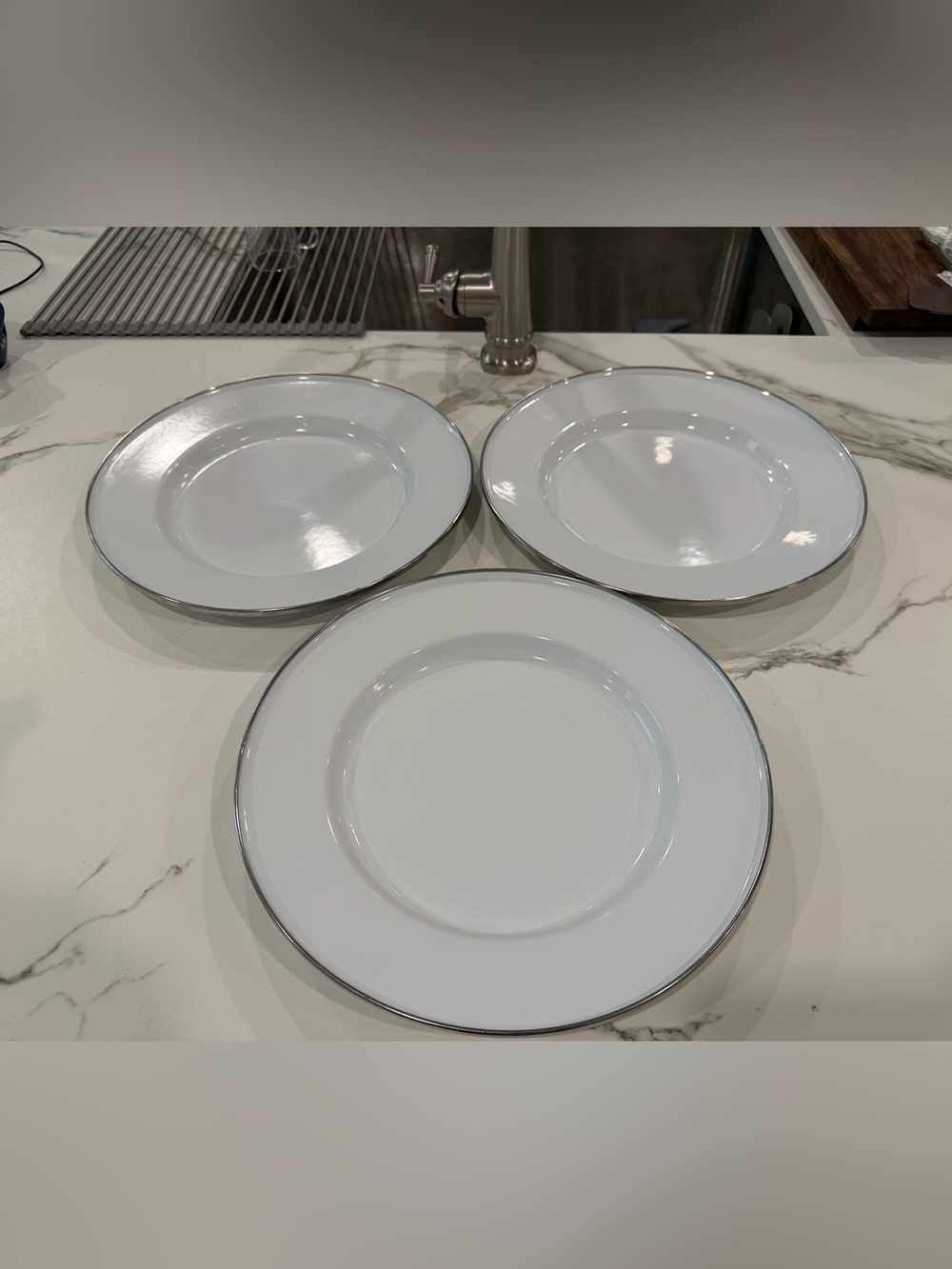 Pottery Barn White  Enamel 13” buffet dinner plate w/Silver Rim - Set of 3
